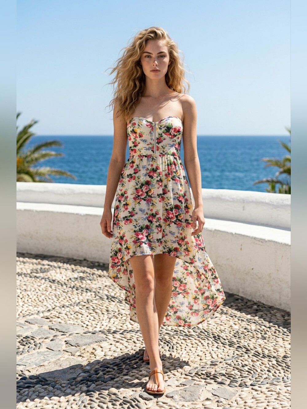 Poetry Floral High-Low Strapless Dress — Cream with Pink & Green Floral